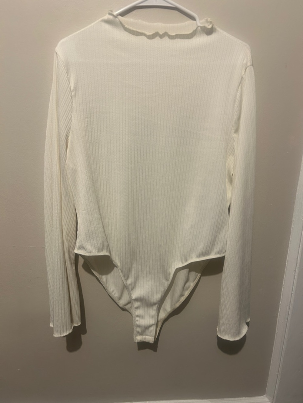 SHEIN Cream Ribbed Long Sleeve Bandeau Bodysuit with Lettuce Neck